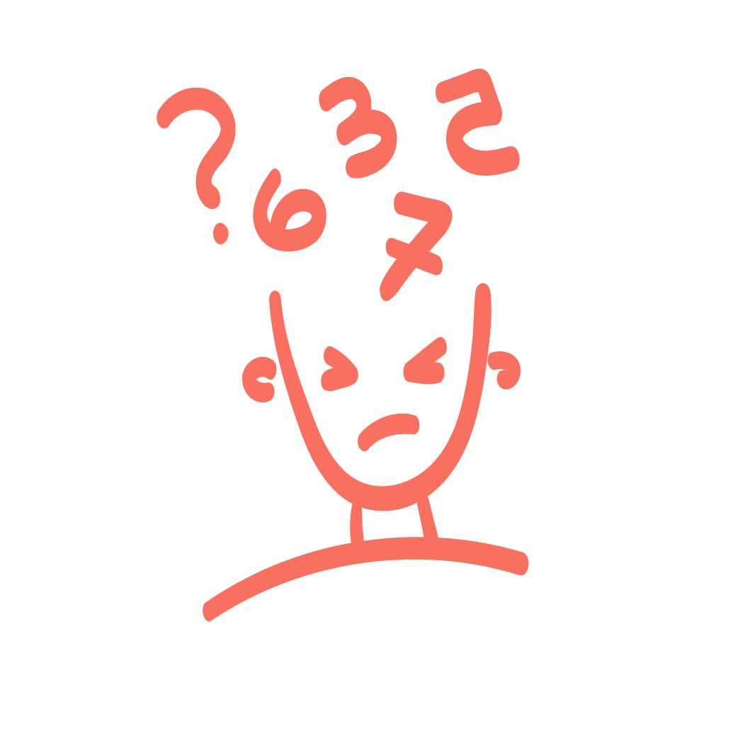 Ein Piktogramm von einer Person über deren Kopf ein Fragezeichen und wild durcheinander gewürfelte Zahlen zu sehen sind. Die Person zieht eine Grimasse.
